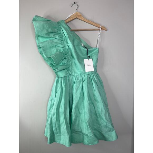 NWT Aje Bonjour Asymmetric One Shoulder Mini Dress Marine Green Size: 6 - Picture 2 of 9